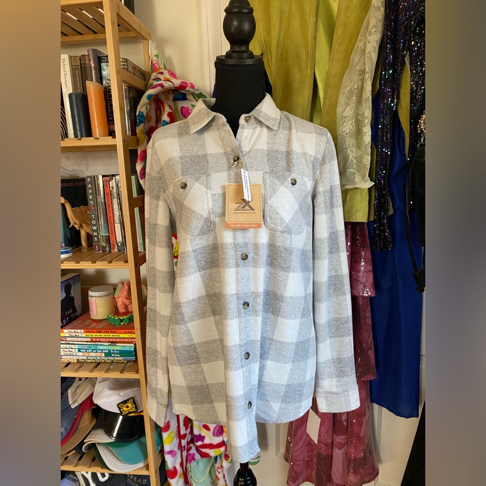 Gray and White Plaid Flannel Button-Up Shirt